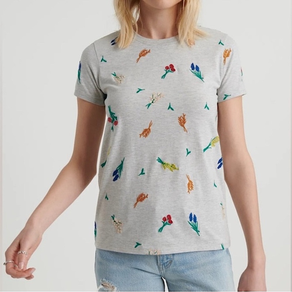 Lucky Brand Heather Grey Embroidered Florals Shirt Size Medium - Picture 8 of 15